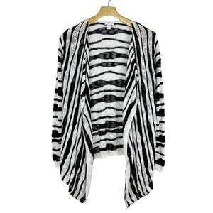 Chicos Darcy Drape Cardigan Sweater Black White Stripe Size Small